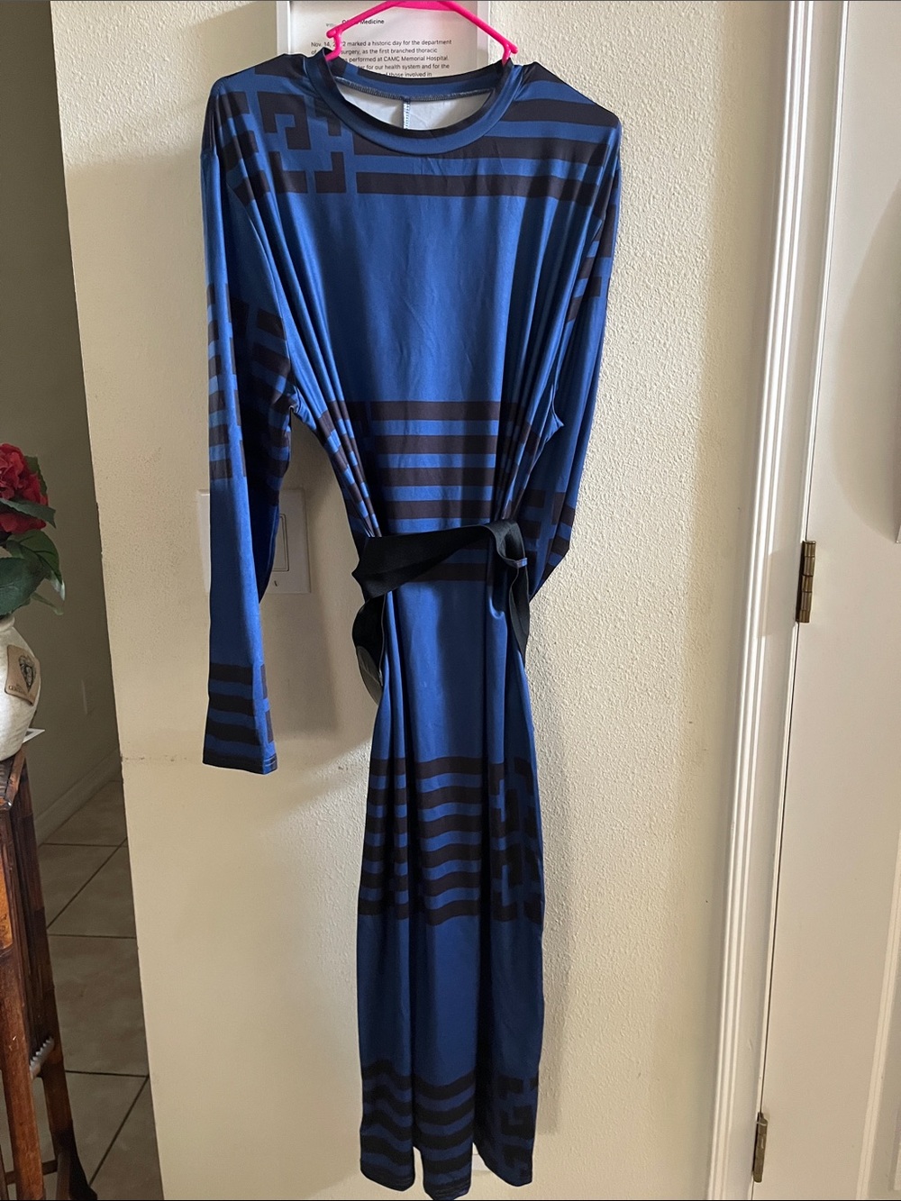 Women's Blue and Black Long Sleeve Maxi Dress with Waist Tie